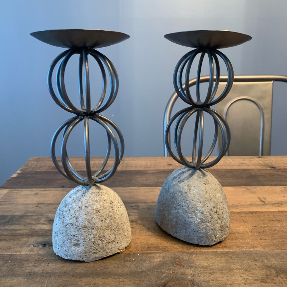 West Elm Rustic Rock and Metal Candle Holders
